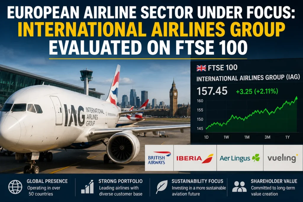 IAG airplane on the tarmac with London skyline, a rising FTSE 100 stock chart, and partner airline logos (British Airways, Iberia, Aer Lingus, Vueling) at the bottom.