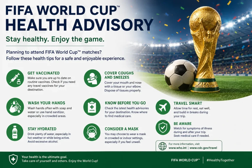 FIFA World Cup Health Advisory poster showing tips to stay healthy during the tournament, including vaccination, cough etiquette, hand washing, hydration, travel tips, and a trophy on the field background with the slogan 'Stay healthy. Enjoy the game.'