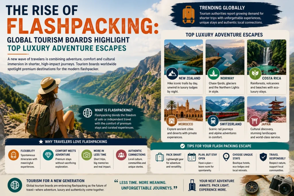 Hiker with backpack overlooking a mountain lake; infographic about luxury adventure travel (flashpacking).