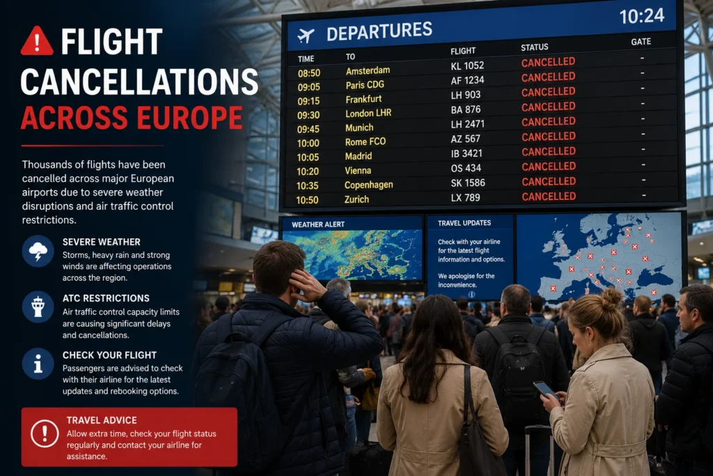 Airport departure hall; a large poster reads 'Flight Cancellations Across Europe' as travelers look up at a departures board listing cancelled flights.