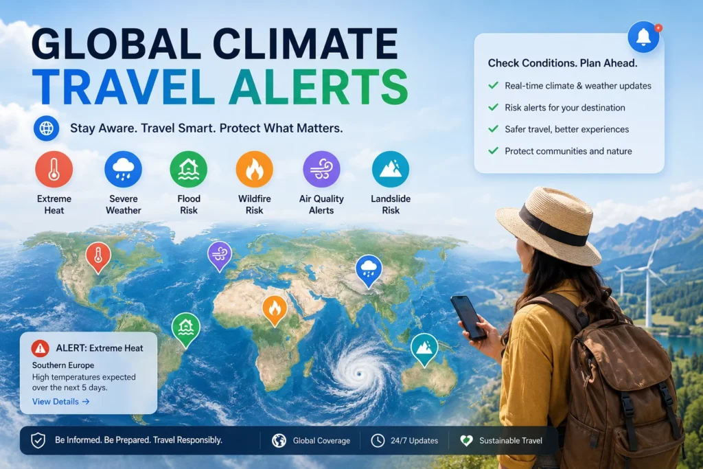 Traveler with backpack checks global climate alerts on a world map: icons for Extreme Heat, Severe Weather, Flood Risk, Wildfire Risk, Air Quality, and Landslide Risk appear across regions.