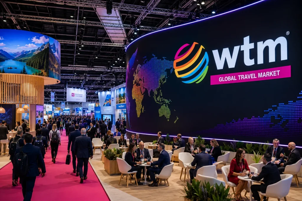 Wide trade-show hall with a bold 'wtm Global Travel Market' sign and colorful world map display; attendees in suits mingle near pink carpeted aisles.
