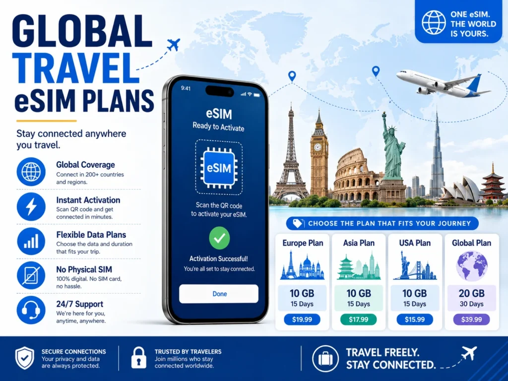 Global Travel eSIM plans banner featuring a smartphone, world map, famous landmarks, airplanes, and regional plan cards with 10 GB/20 GB options.