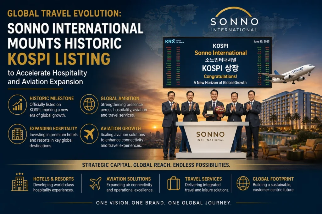 Banner announcing Sonno International's historic KOSPI listing, with executives applauding on stage beside a model airplane and a large stock board against a sunset cityscape.