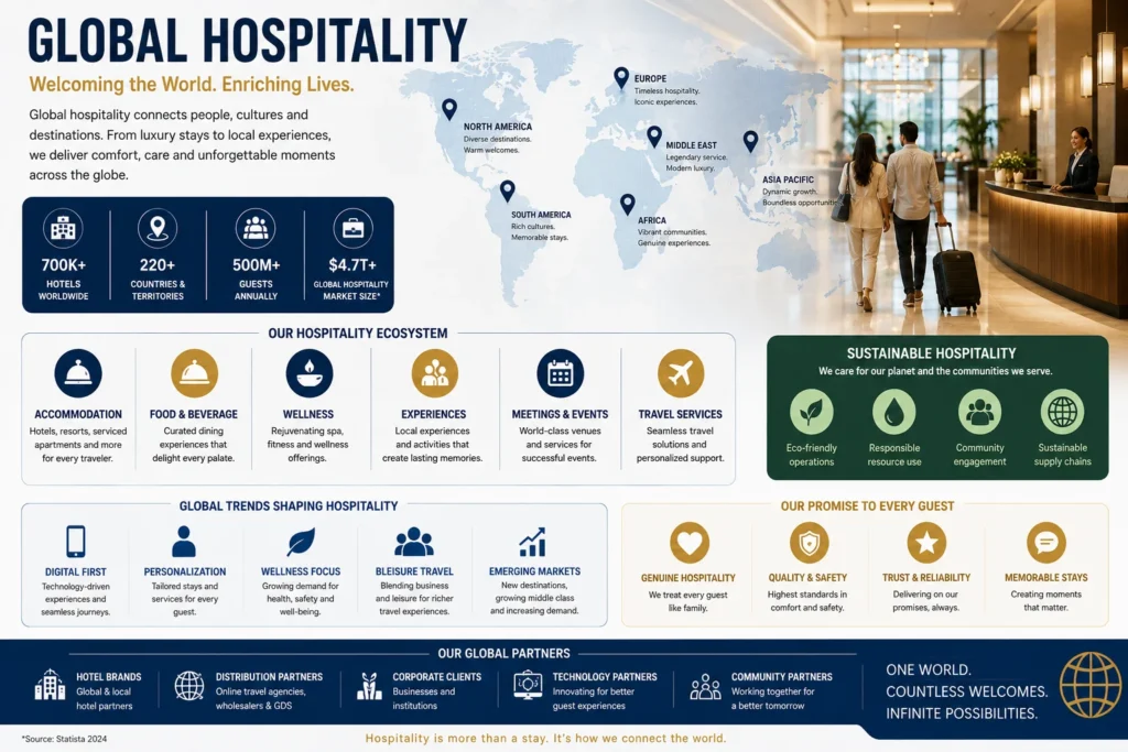 Global Hospitality infographic with a world map and markers, outlining ecosystem categories, sustainability, and guest promises for a hospitality brand.