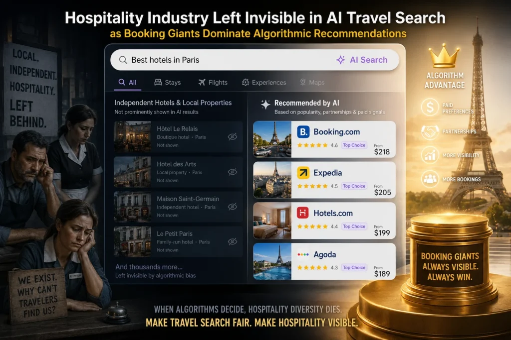 AI-driven travel search UI listing Paris hotels with Booking.com, Expedia, Hotels.com, and Agoda, beside a gold 'Booking Giants' pedestal.
