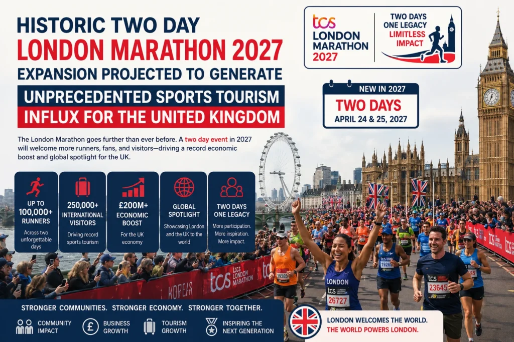 Poster promoting Historic Two Day London Marathon 2027 with runners near the London Eye and Big Ben against a blue-red headline background.