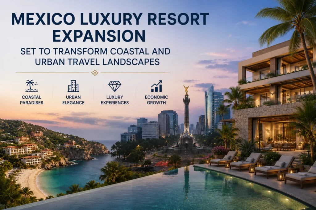 Advertising banner for a Mexico luxury resort expansion showing an oceanfront infinity pool, resort terrace, palm trees, and a distant city skyline with a monument and sunset sky. Includes the headline about transforming coastal and urban travel landscapes and icons labeled Coastal Paradises, Urban Elegance, Luxury Experiences, Economic Growth.