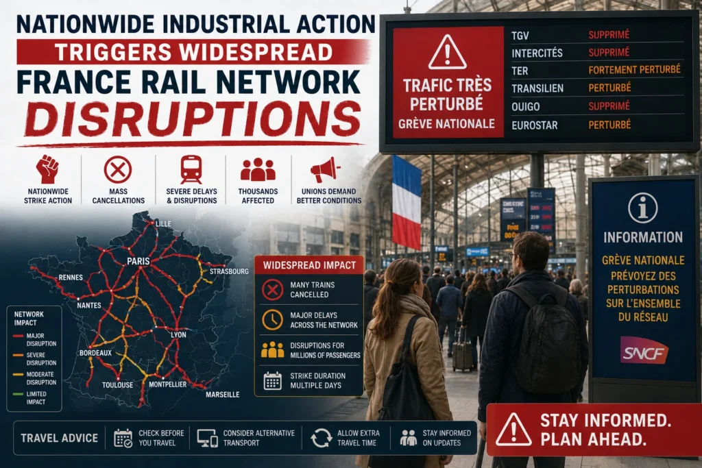 Poster-style infographic about nationwide railway disruptions in France, with a map of train routes, icons for strikes, and station signage at a French railway station.