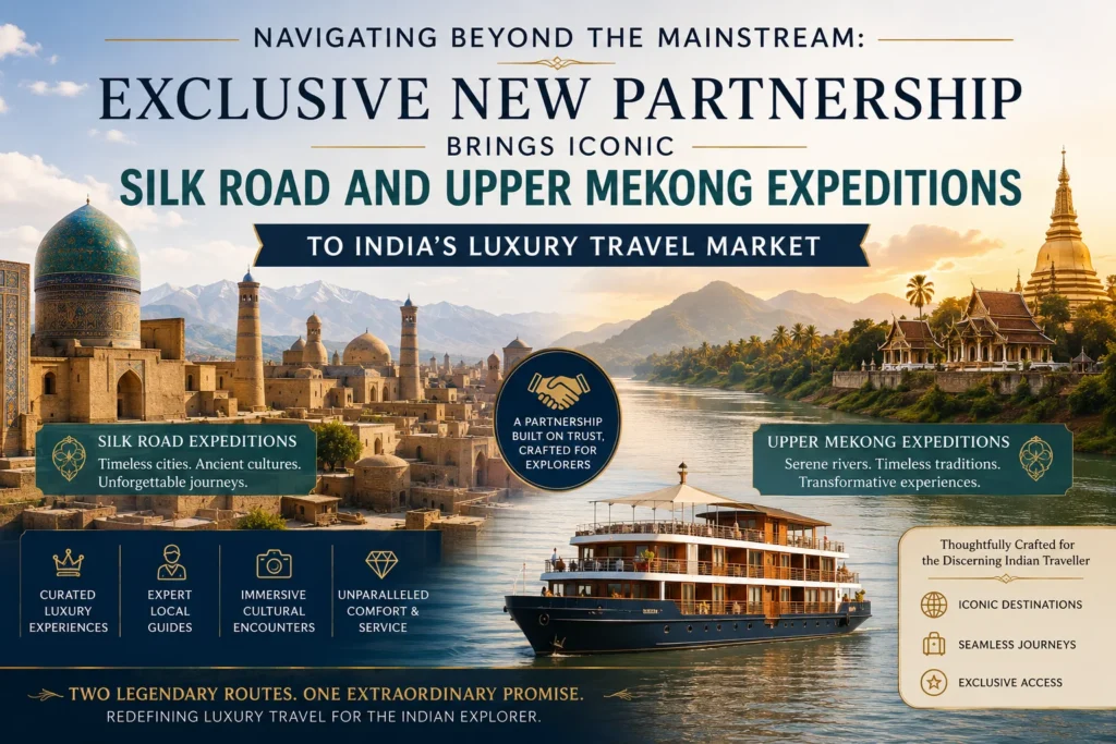Luxury travel banner announcing an exclusive partnership for Silk Road and Upper Mekong expeditions to India's luxury travel market, with a riverboat on a river.