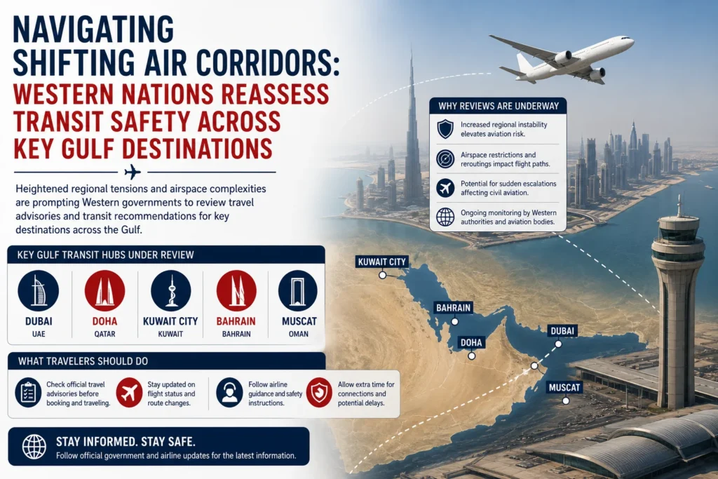 Infographic about rethinking Gulf air corridors; map shows Dubai, Doha, Kuwait City, Bahrain, Muscat and flight paths.