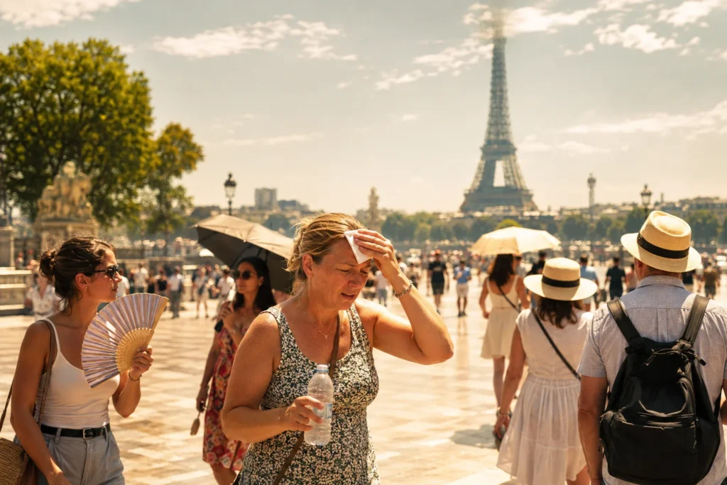 Tourists in a sunny Paris square with the Eiffel Tower in the background; a woman wipes sweat from her forehead while holding a bottle of water.