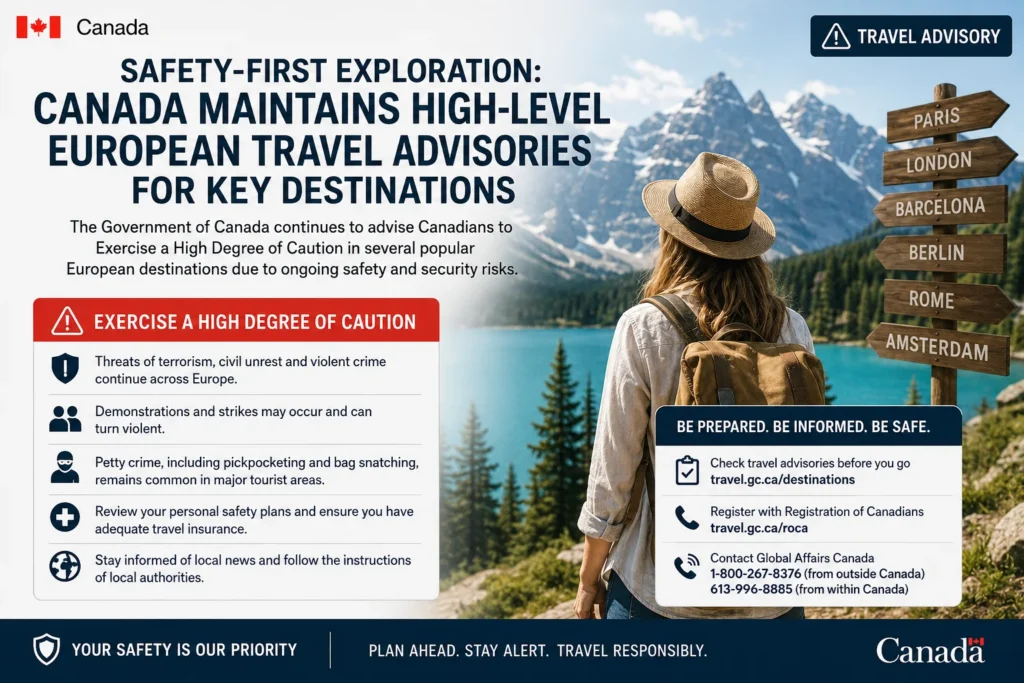 Government travel advisory banner: a traveler with a backpack stands by wooden signposts pointing to European cities beside a mountain lake.