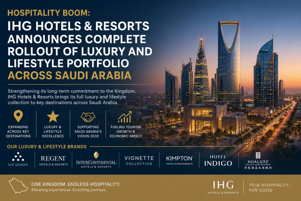 IHG Hotels & Resorts announces luxury rollout across Saudi Arabia, over a city skyline at sunset with skyscrapers and logos visible at bottom edge.