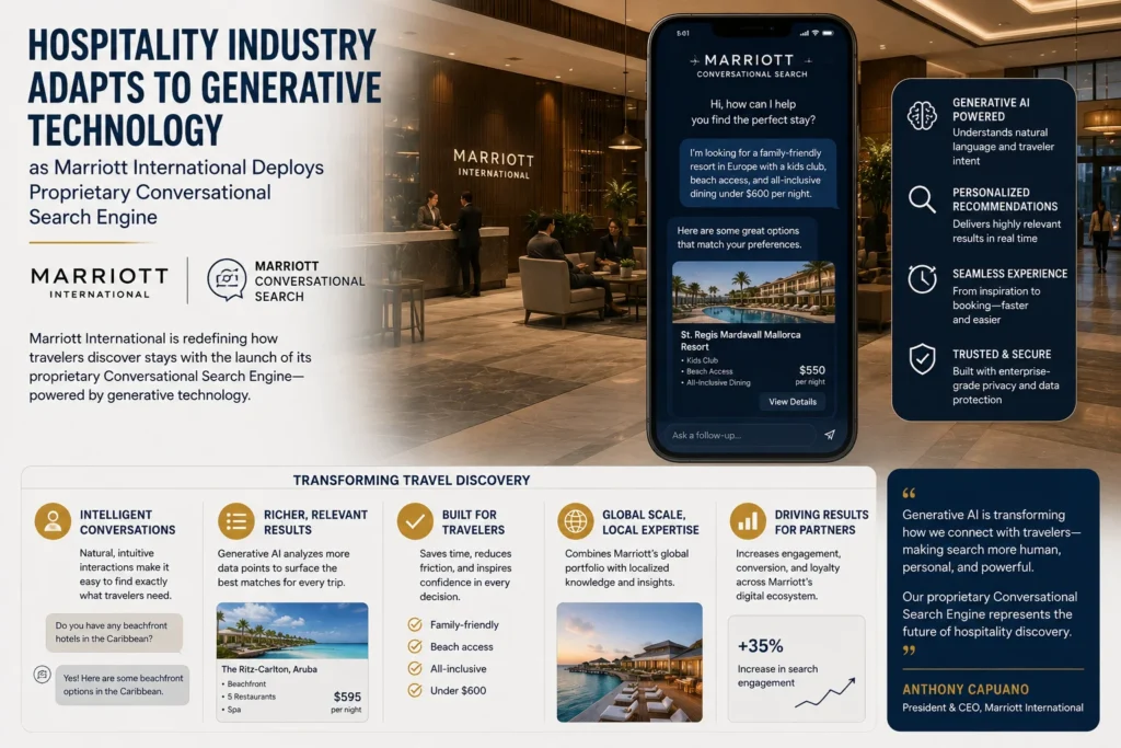 Marriott lobby with reception on left and a large smartphone mockup on the right showing a travel chat interface and analytics panels.