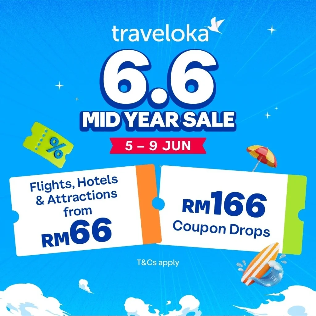 Traveloka 6.6 Mid Year Sale poster: flights, hotels & attractions from RM66; RM166 coupon drops, valid June 5–9.