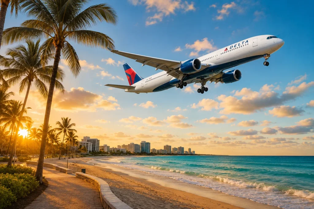 Tropical sunset with airplane overhead