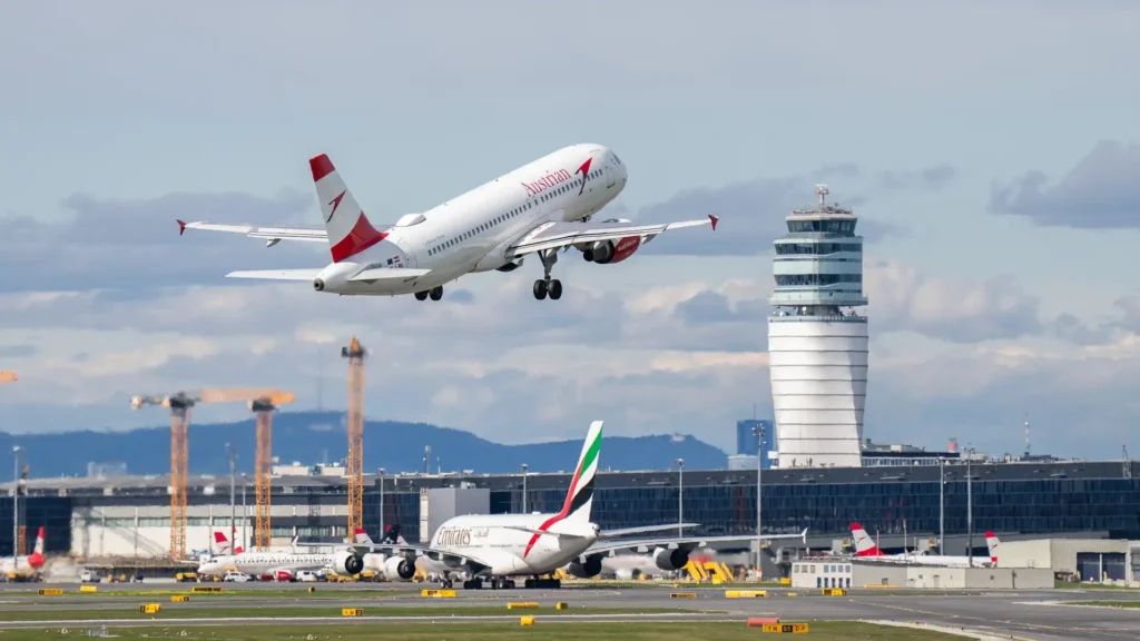 Austrian Airlines jet climbs off the runway with a tall control tower and terminal buildings in the background at a busy airport.