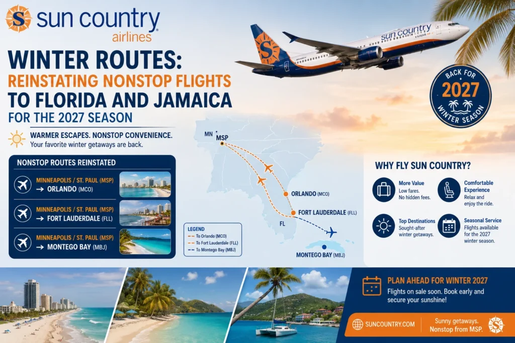 Sun Country logo with a plane over a map of MSP routes to Orlando, Fort Lauderdale, and Montego Bay for 2027 winter season.