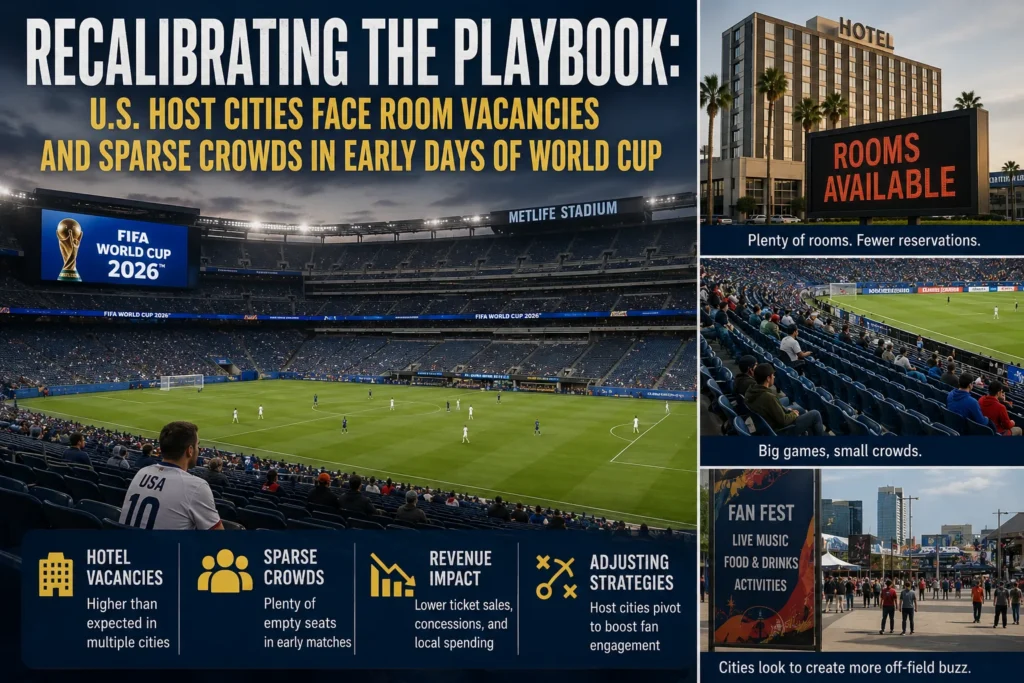 Infographic collage about U.S. World Cup 2026 host cities facing hotel vacancies and sparse crowds: left panel shows a large stadium scene with the headline Recalibrating the Playbook and FIFA World Cup 2026 signage; right column top shows a hotel with a 'Rooms Available' sign and caption 'Plenty of rooms. Fewer reservations'; middle right shows a packed stadium with caption 'Big games, small crowds'; bottom right shows a 'Fan Fest' scene with crowds and captions; bottom bar highlights four points: Hotel Vacancies, Sparse Crowds, Revenue Impact, and Adjusting Strategies with brief descriptions about vacancies, empty seats, lower spending, and strategies to boost engagement.