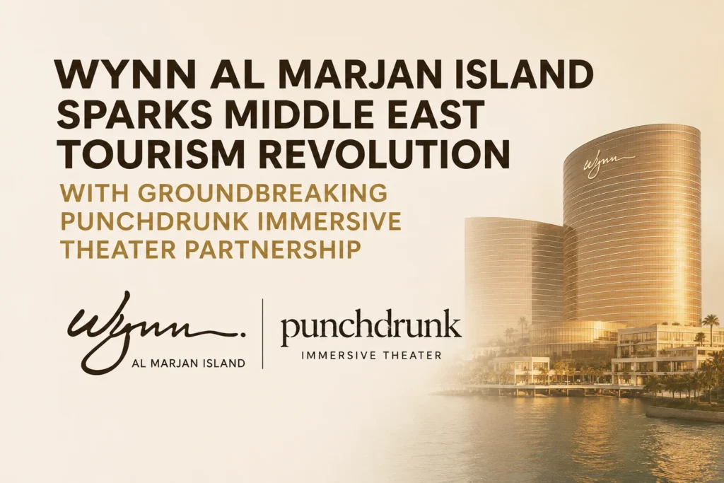 Promotional banner announcing Wynn Al Marjan Island and Punchdrunk immersive theater partnership, with a waterfront skyline on the right.