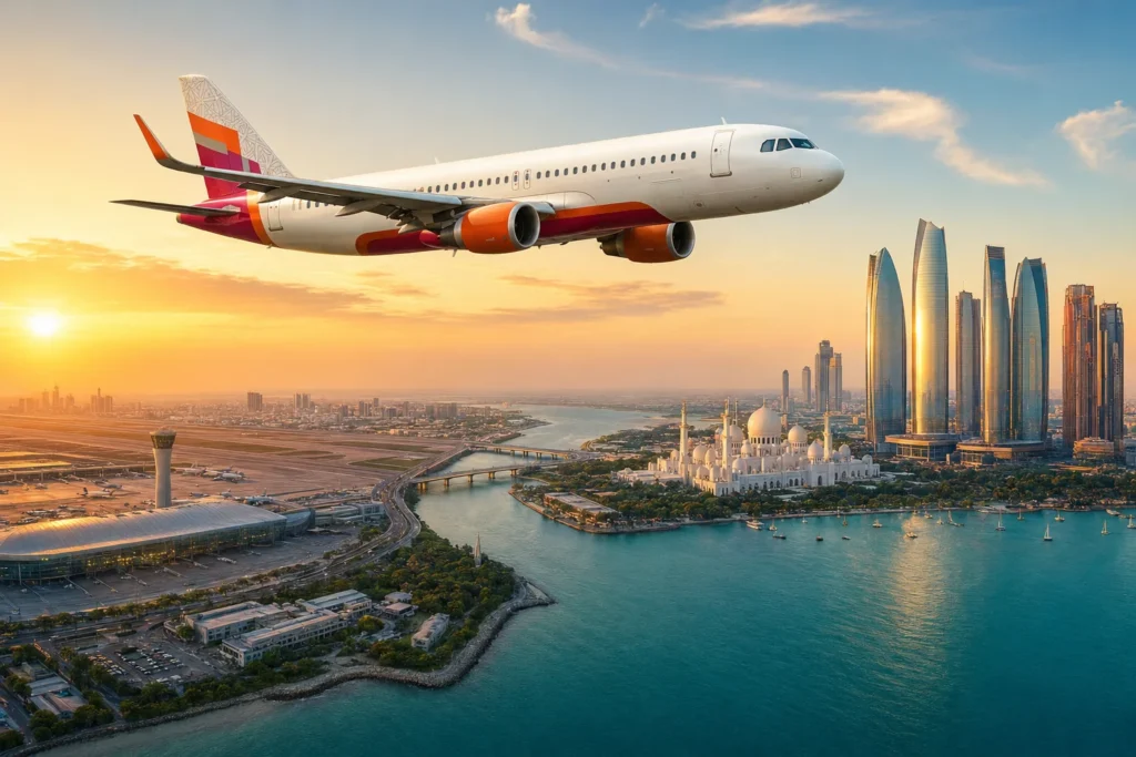 Air India Express flight over cityscapes
