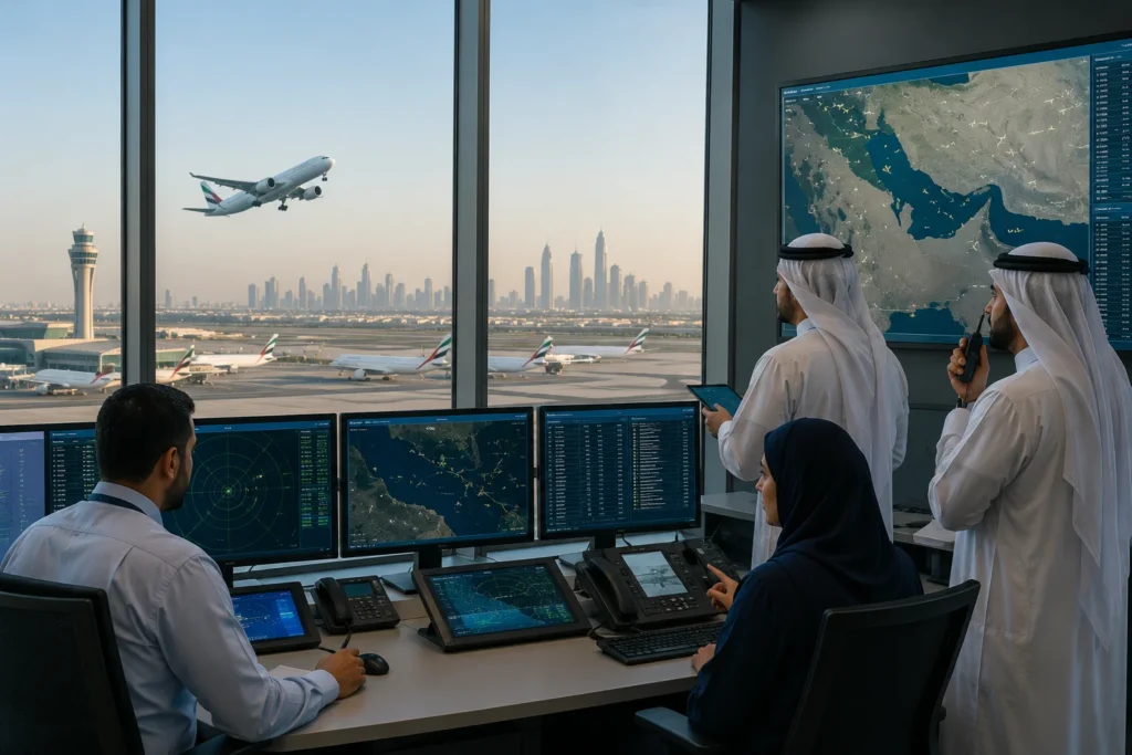 Air traffic controllers monitor radar screens in a control room as a jet takes off outside the window over a city skyline.