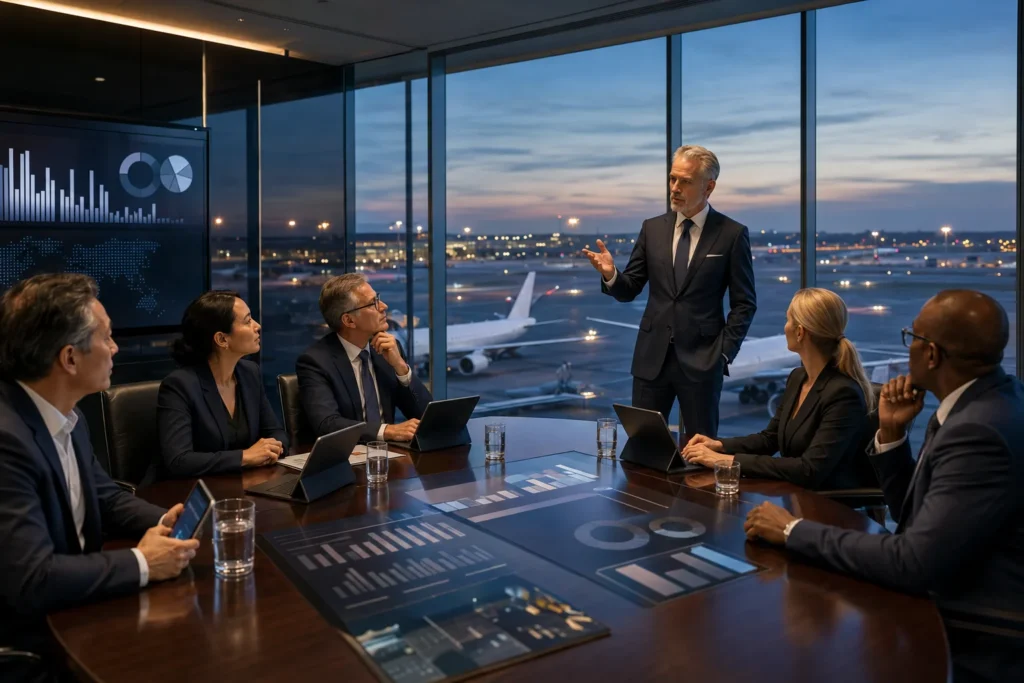 Six businesspeople in a boardroom by a large window overlooking the runway; a man in a suit presents with charts on a screen.