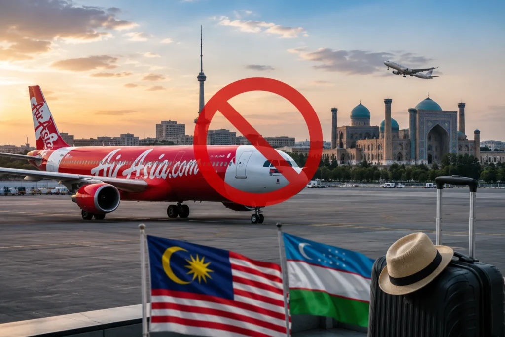 Airport at sunset with cancellation symbol