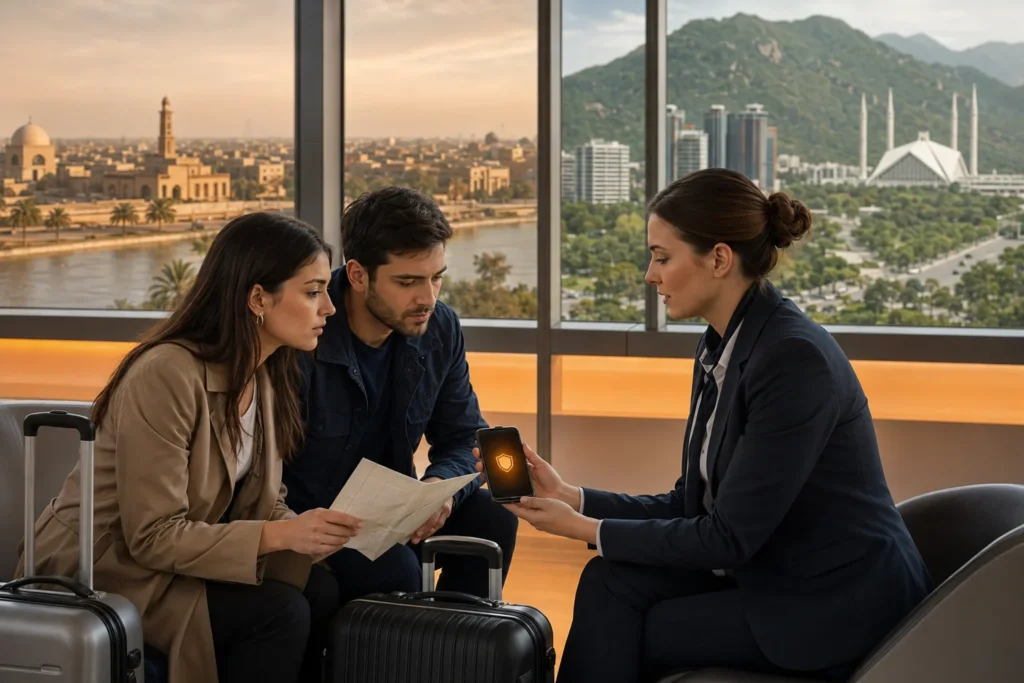 Airport travel briefing with global travelers