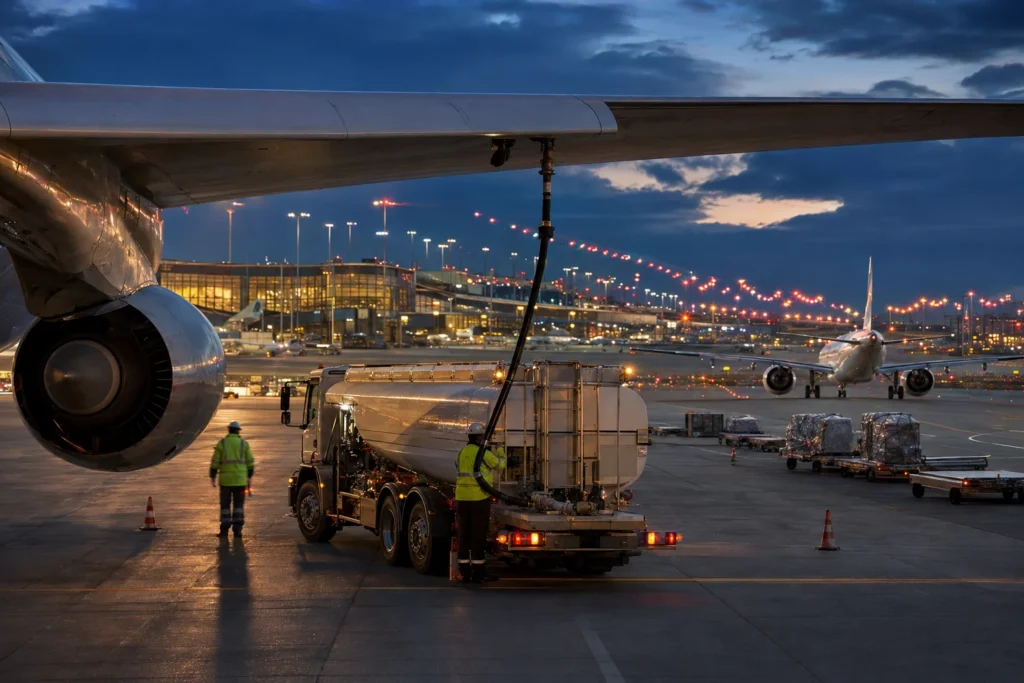 Wing of a large passenger jet over a fueling truck refilling its tanks on the tarmac at dusk, with another plane in the distance and airport lights sparkling.