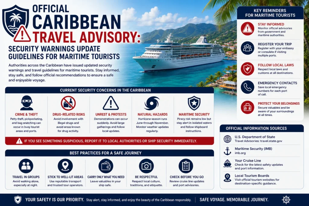 Official Caribbean Travel Advisory banner featuring a cruise ship near a tropical shoreline, outlining security guidelines for maritime tourists.
