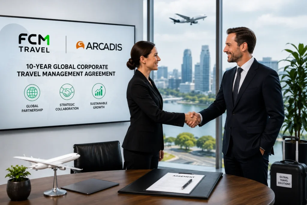 Two businesspeople in suits shake hands in a modern office after signing an agreement, with a large screen showing 'FCM Travel' and 'Arcadis' logos in the background