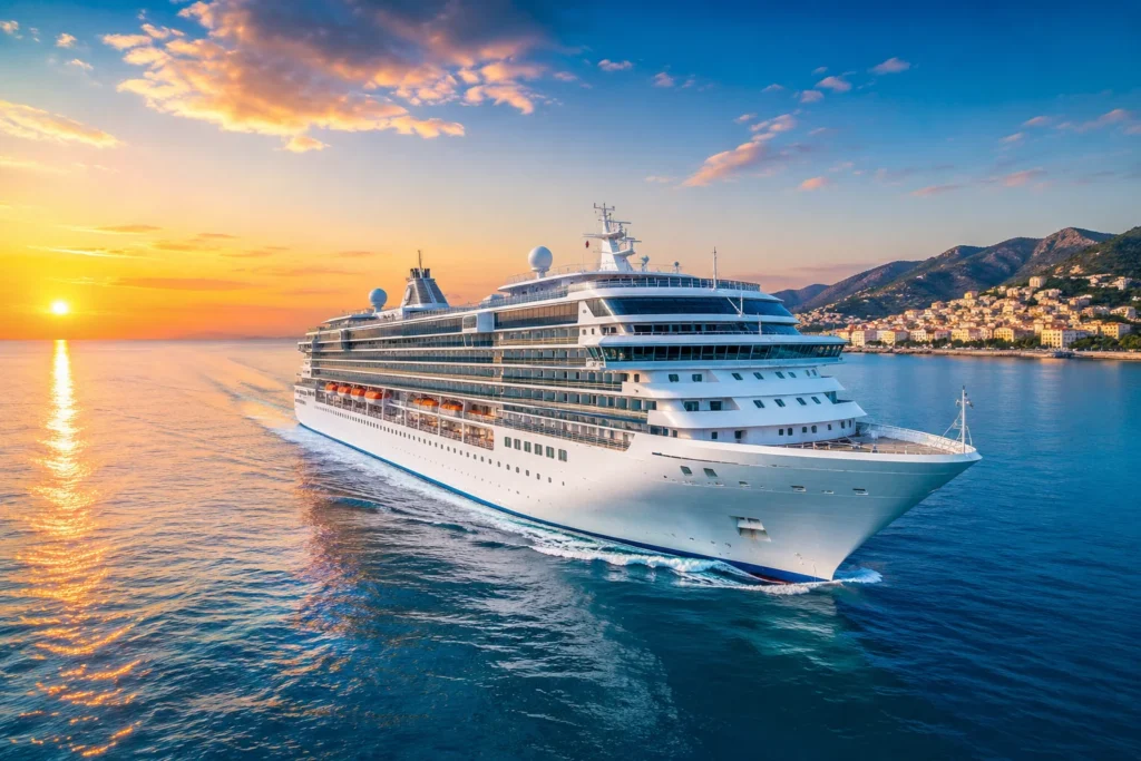 Cruise ship at sunset along coastline