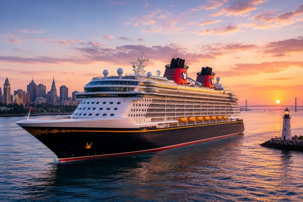 Cruise ship at sunset over calm waters