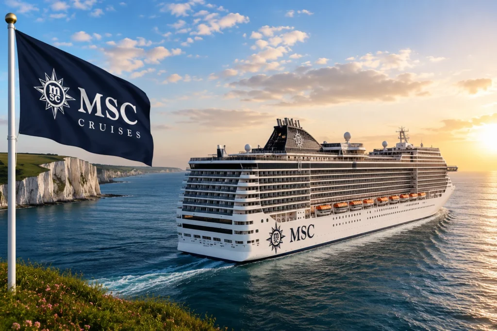Cruise ship sailing at sunset