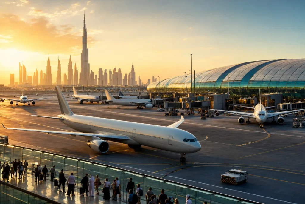Sunset over a busy airport with several airplanes on the tarmac and passengers walking along the glass jet bridge.