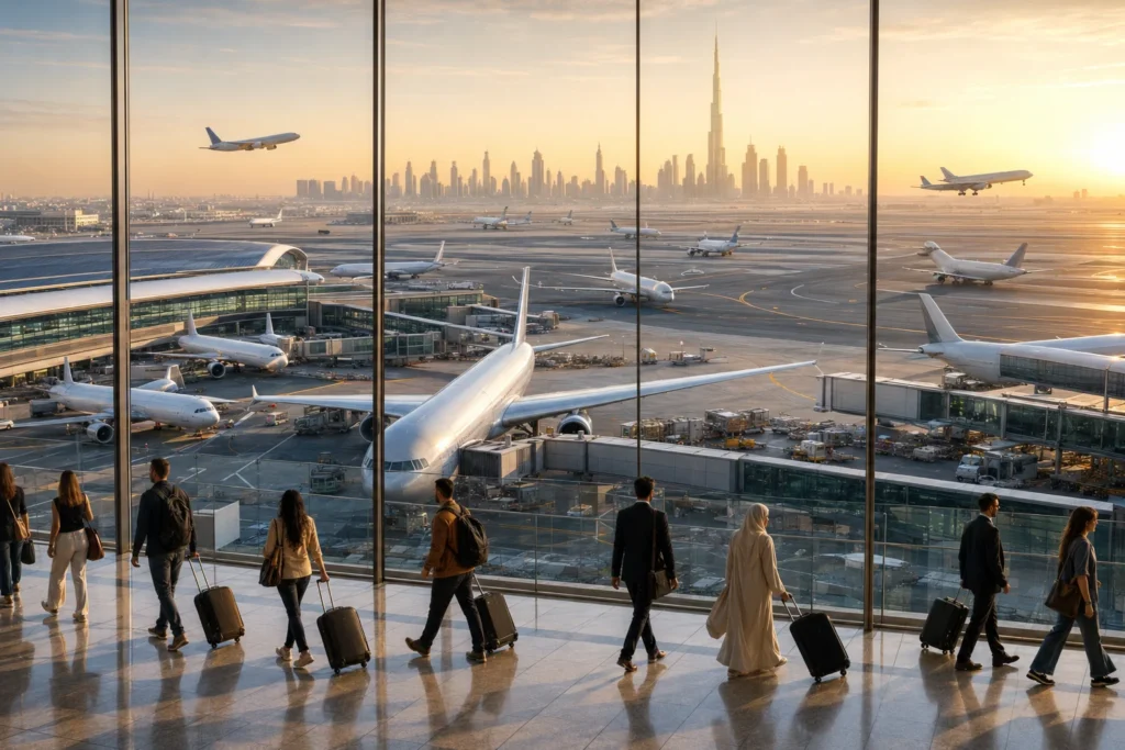 Passengers with rolling suitcases walk through a bright airport terminal, overlooking planes on the tarmac at sunset.