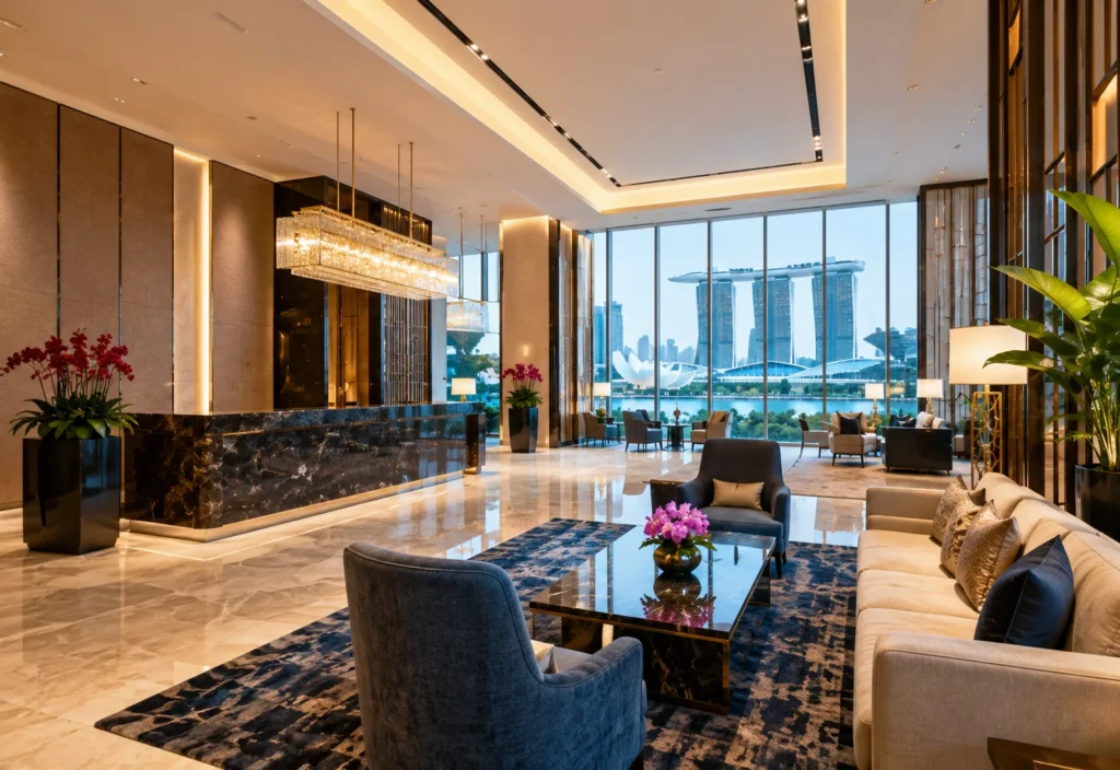 Elegant hotel lobby with city view