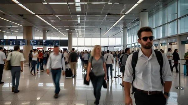 Busy airport terminal with travelers walking, luggage, and a glossy tiled floor. In the background, check-in counters and signage are visible.