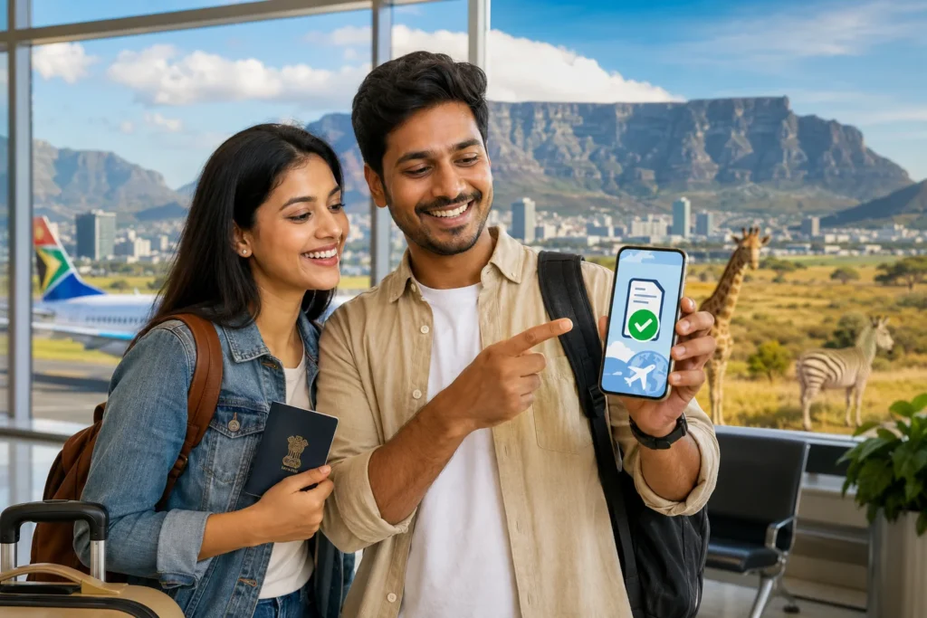 Excited travelers at modern airport terminal