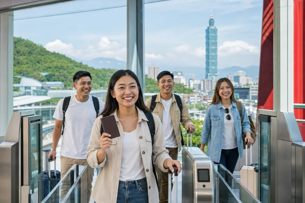 Group of four travelers on an airport escalator, smiling and ready to travel; the woman in front holds a passport.