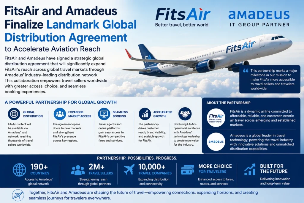 Announcement image: FitsAir and Amadeus finalizing a global distribution agreement, with a plane in flight and partner logos on the right.