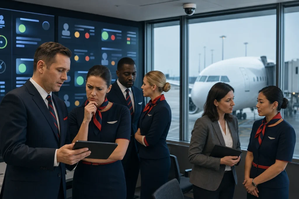 Airline staff in navy uniforms review data on a tablet in a control room; a jet is visible outside through large windows.