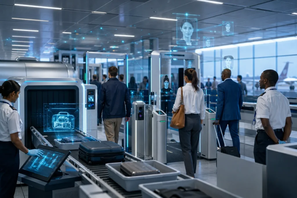 Futuristic airport security checkpoint scene