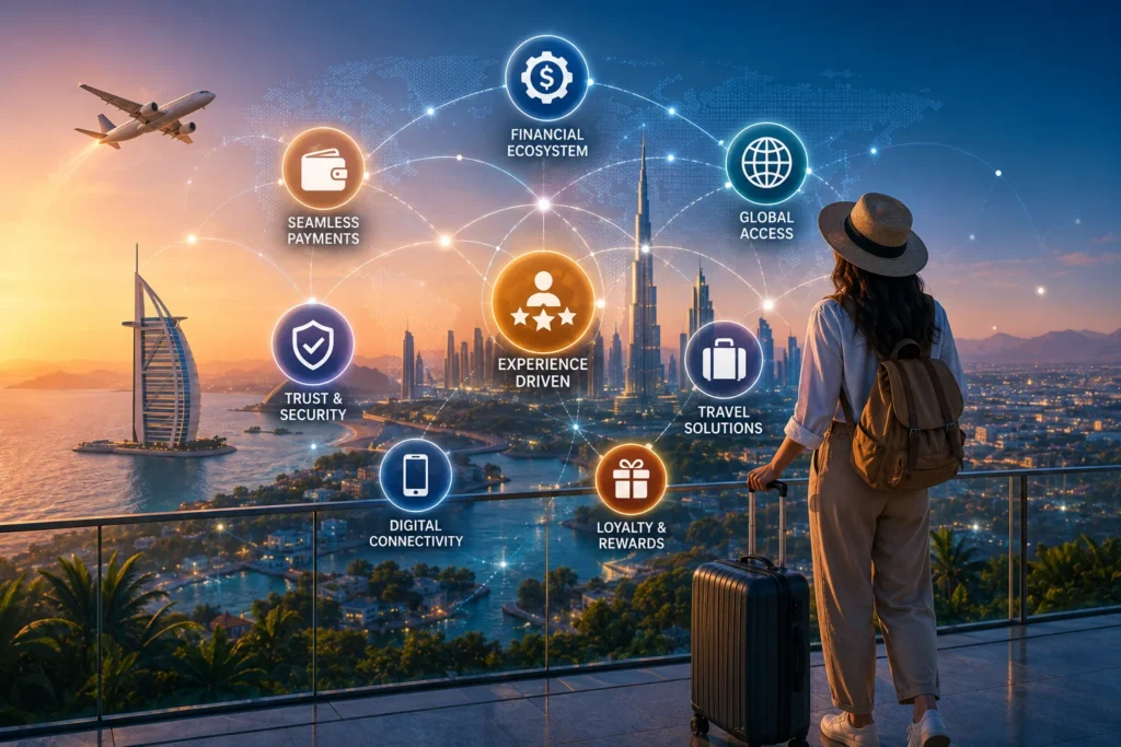 Futuristic travel and finance landscape