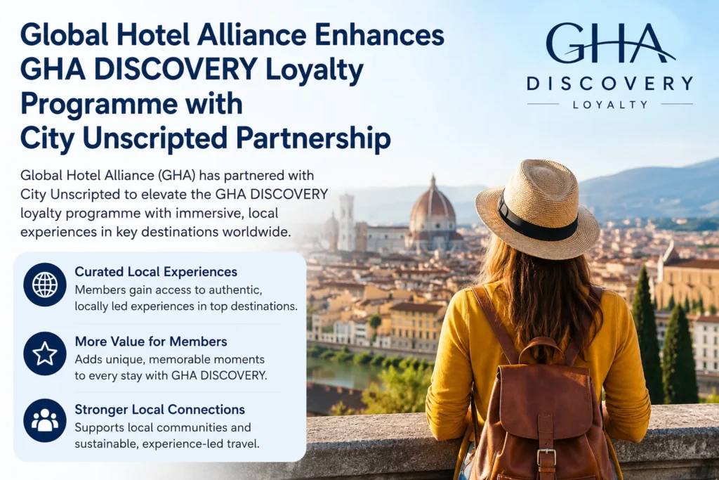 Promotional banner for GHA DISCOVERY LOYALTY: traveler with a straw hat and backpack overlooks a European city; logo in the top-right.