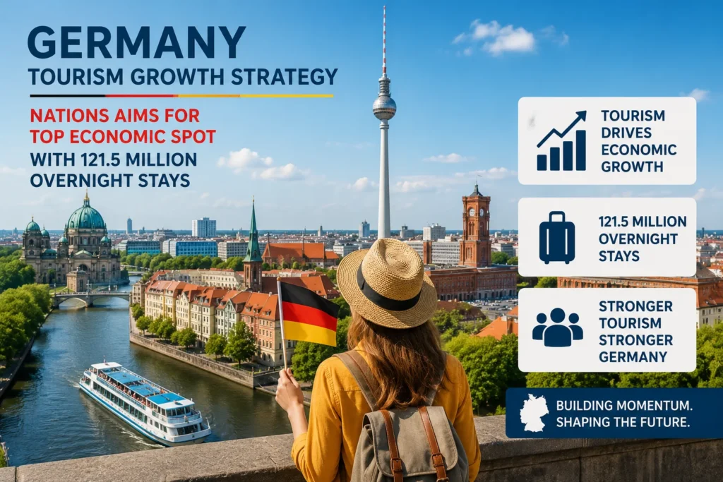 Germany tourism growth strategy: a traveler with a hat holding a German flag overlooks Berlin’s skyline by the Spree with the TV tower in view, featuring key stats on the right.