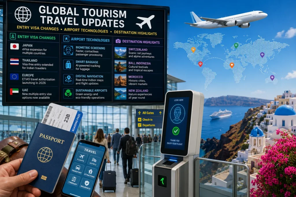 Traveler at a modern airport holding a passport and boarding pass with a large 'Global Tourism Travel Updates' board and a kiosk nearby, world map backdrop.