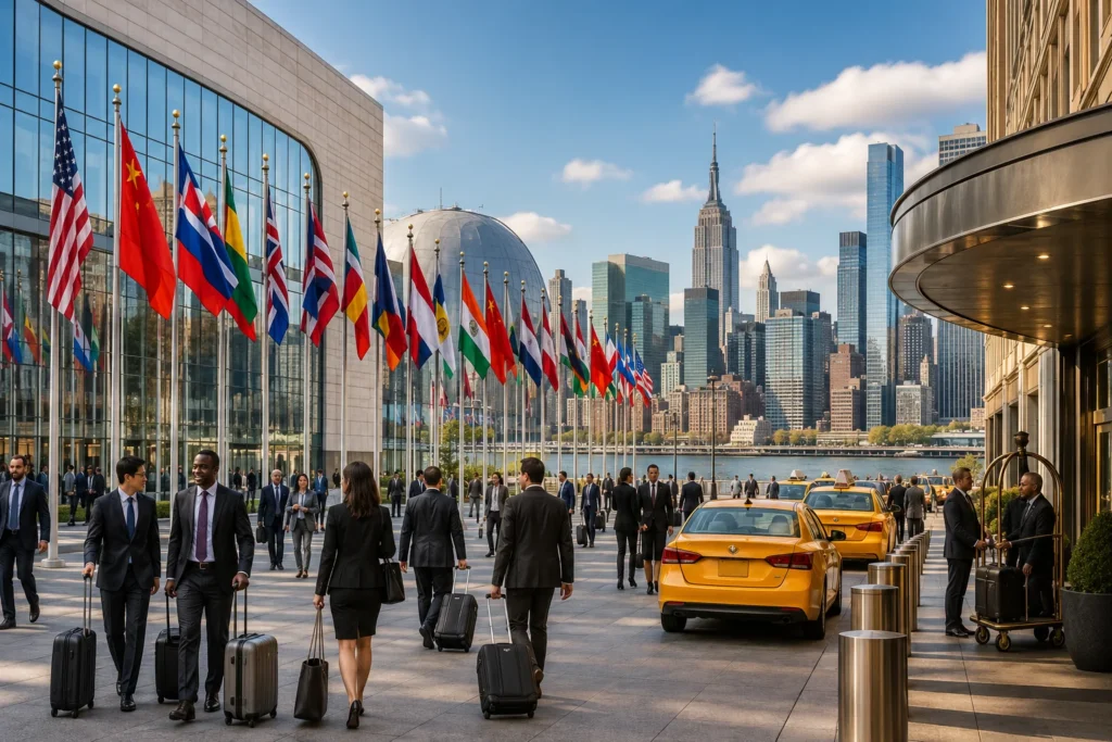 Global travelers at the waterfront plaza